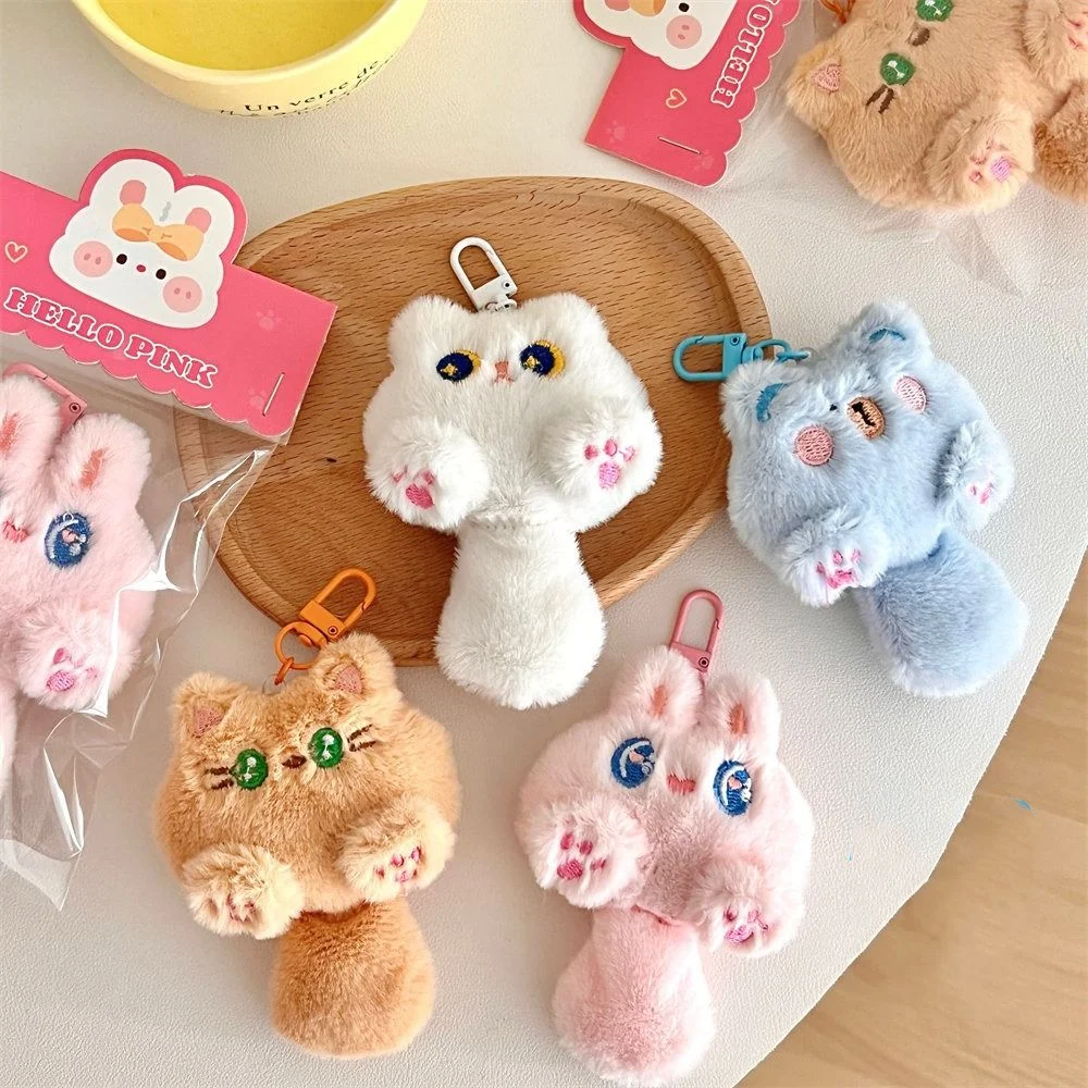 LLavero de peluche de gato suave y bonito para decoración de mochila, llavero de muñeco de conejo relleno de dibujos animados, colgante de Animal encantador creativo con cola para niños