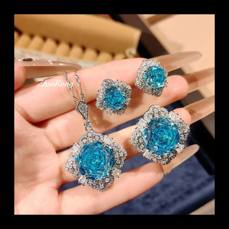 مثمنة الألفية روز قطع الجليدية الأزرق قلادة روز الأحمر قلادة عالية الكربون الماس الملونة التورمالين أقراط اللون تريا