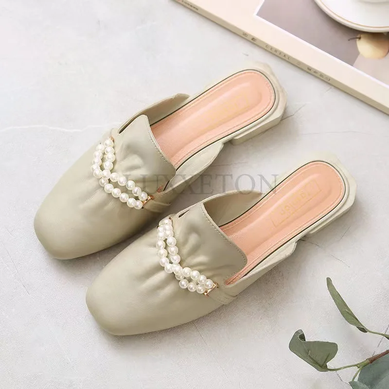 Women Slippers 2024 New Summer Fashion Slip on Flat Soled Muller Korean Cute Casual Outdoor Pearl Toe Square Toe Women Shoes