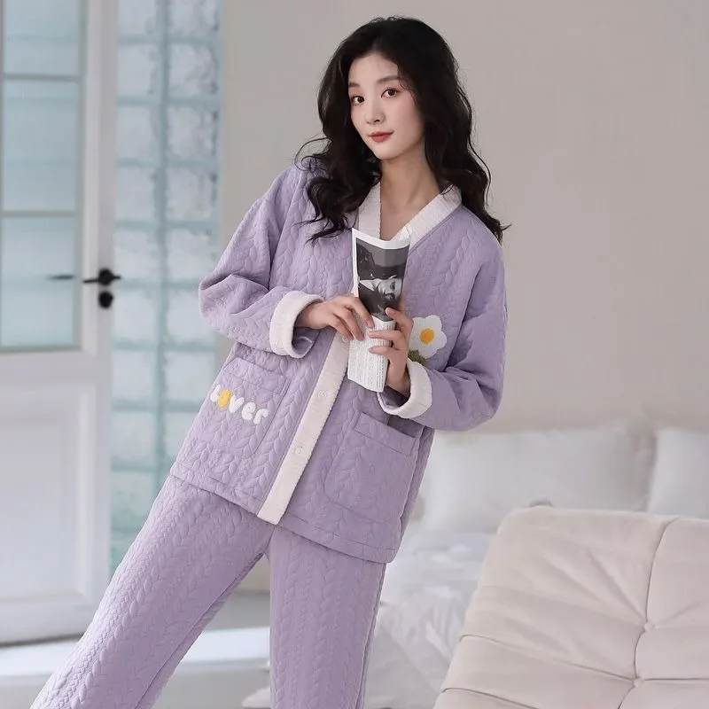 2024 New Air Cotton Sandwich Autumn Winter Pajamas Women Loose Loungewear Long Sleeved Sleepwear Set Spring V-neck Homewear