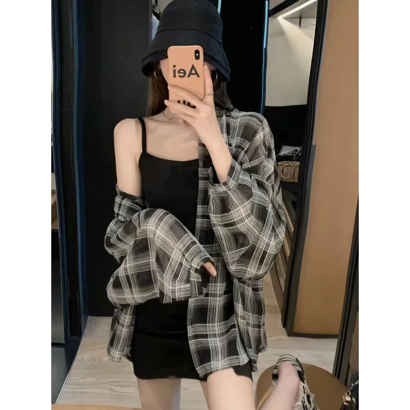 

Blouses Women Plaid Chic Daily Outwear Loose Vacation Elegant Simple Long Sleeve Shirts Ladies Korean Summer Sun-proof Shirt