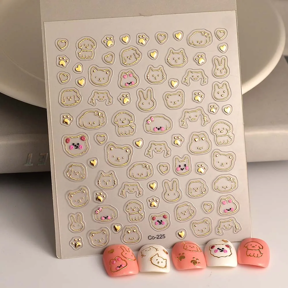 Laser Bronzing Jewelry Nail Stickers Gold Dog Rabbit 5D Nail Decals Accessories DIY Manicure Sliders CO-225