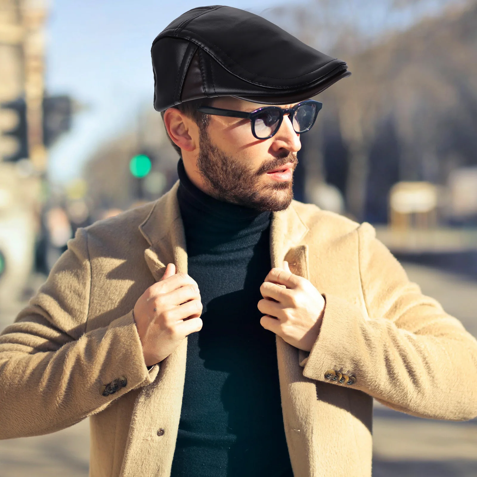 

Cold-Proof Warm Hat For Men Pu Earflap Flat Cap Elderly Outdoor Travel Fishing Hiking Vintage Newsboy Driving Beanie Mens