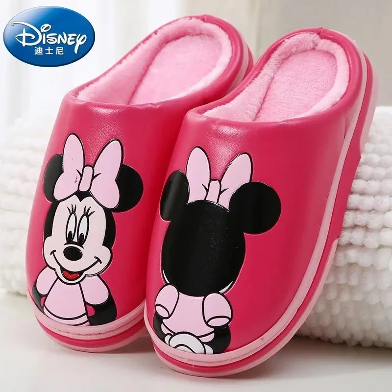 Disney Zimowe dziecięce kapcie bawełniane Baby Boy Girl Cartoon Mickey Minnie Print Indoor Warmth Non Slip Kids PU Home Shoes 28-33