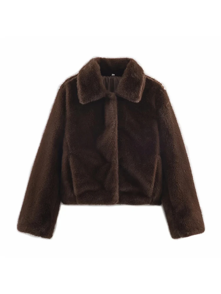 

Women New Faux Fur Loose Lapel Button Embellished Brown Long Sleeved Jacket For Women's Autumn And Winter Collection