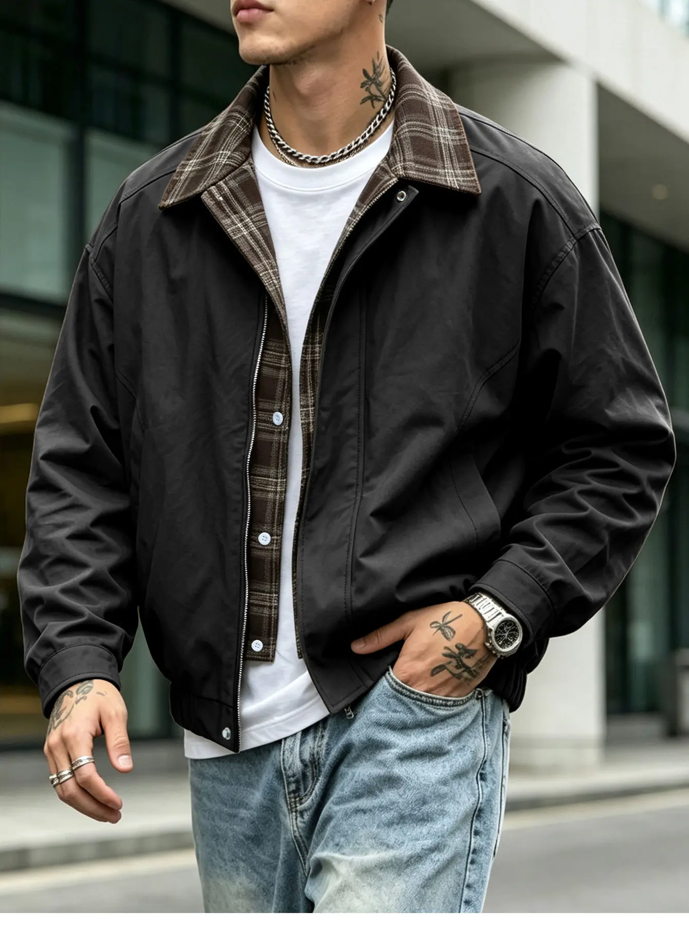 Men's American Vintage Cropped Placket Jacket Loose Fit Faux Two-Piece Collared Patchwork Coat Casual Trendy Versatile Outerwear