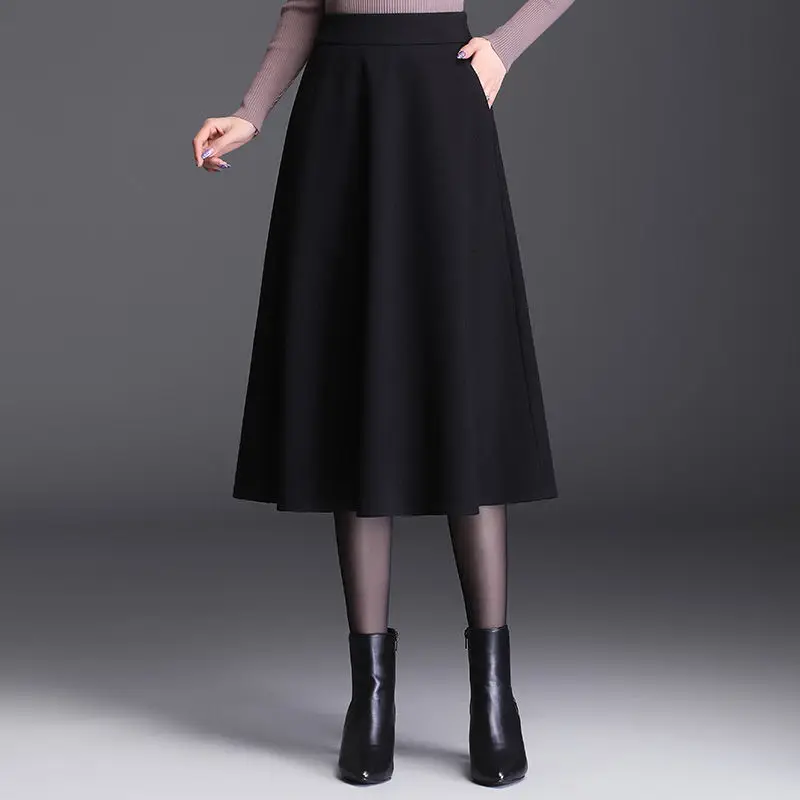 Woolen  A-Line Skirt Mid Length for Women Fashion High Waist Pleated Skirt with Pockets Fall Winter Office Lady Streetwear Skort