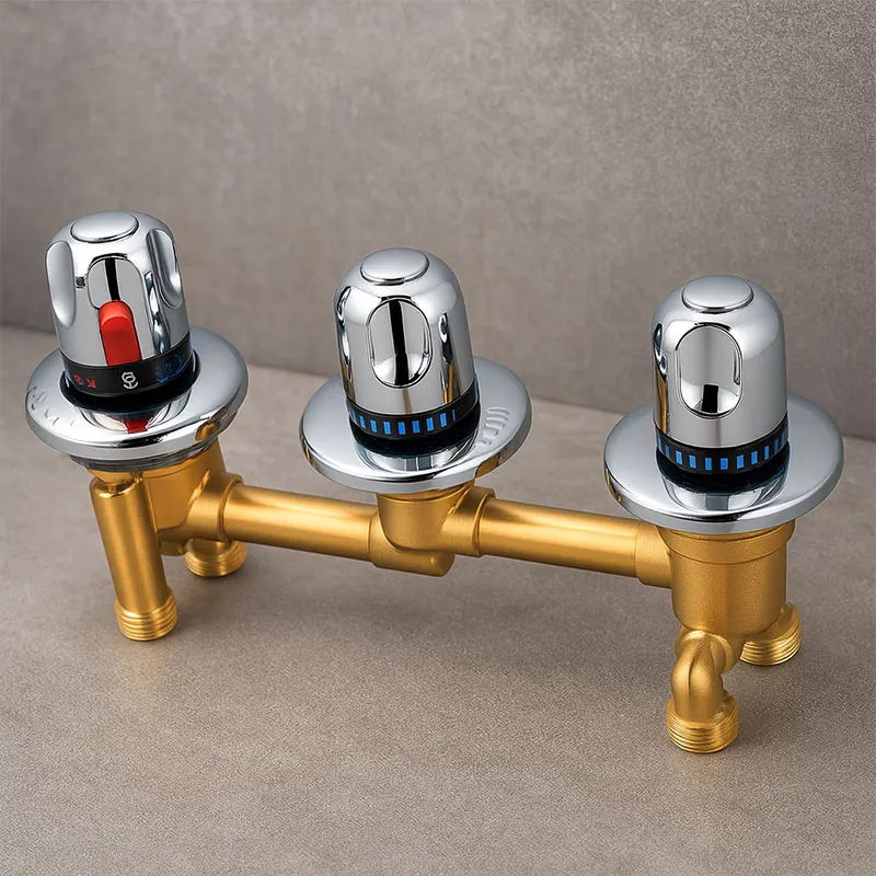 3 Way Thermostatic Shower Faucet Waterfall Bathtub Mixer Tap Square One Piece Bath Filler with 3 Handle Knobs Diverter Chrome
