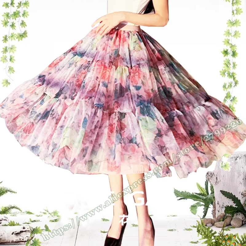 

Big flower Skirt Harajuku High Waisted A-line oil painting style printed gauze skirt Elegant vacation mid length fluffy skirt