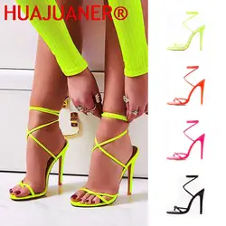 European Summer Sandals Candy Color Point Toe Lace Ankle Strap Party High Heels Pumps 11.5cm High Thin Heel Sandals Lady