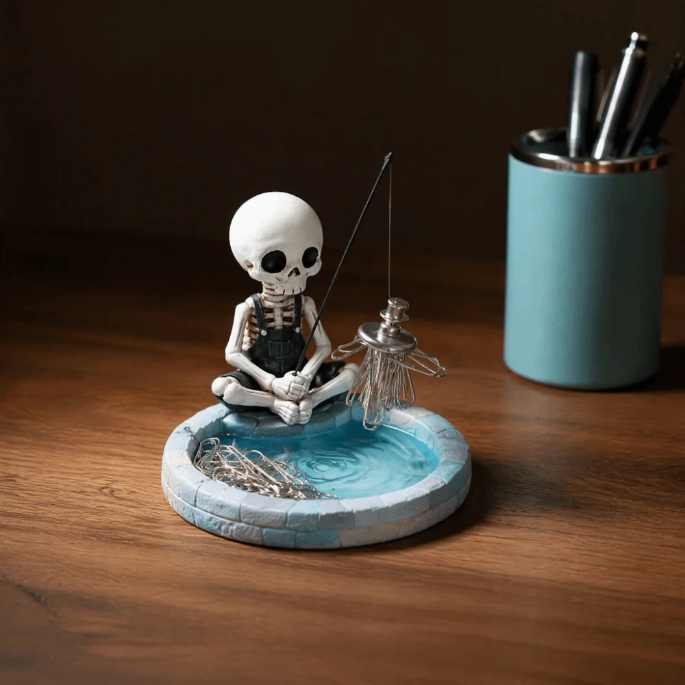 Magnetic Skeleton Fishing Paper Clip Holder Creative Design Resin Skull Decor Figurine Pool-shaped base Mini Size