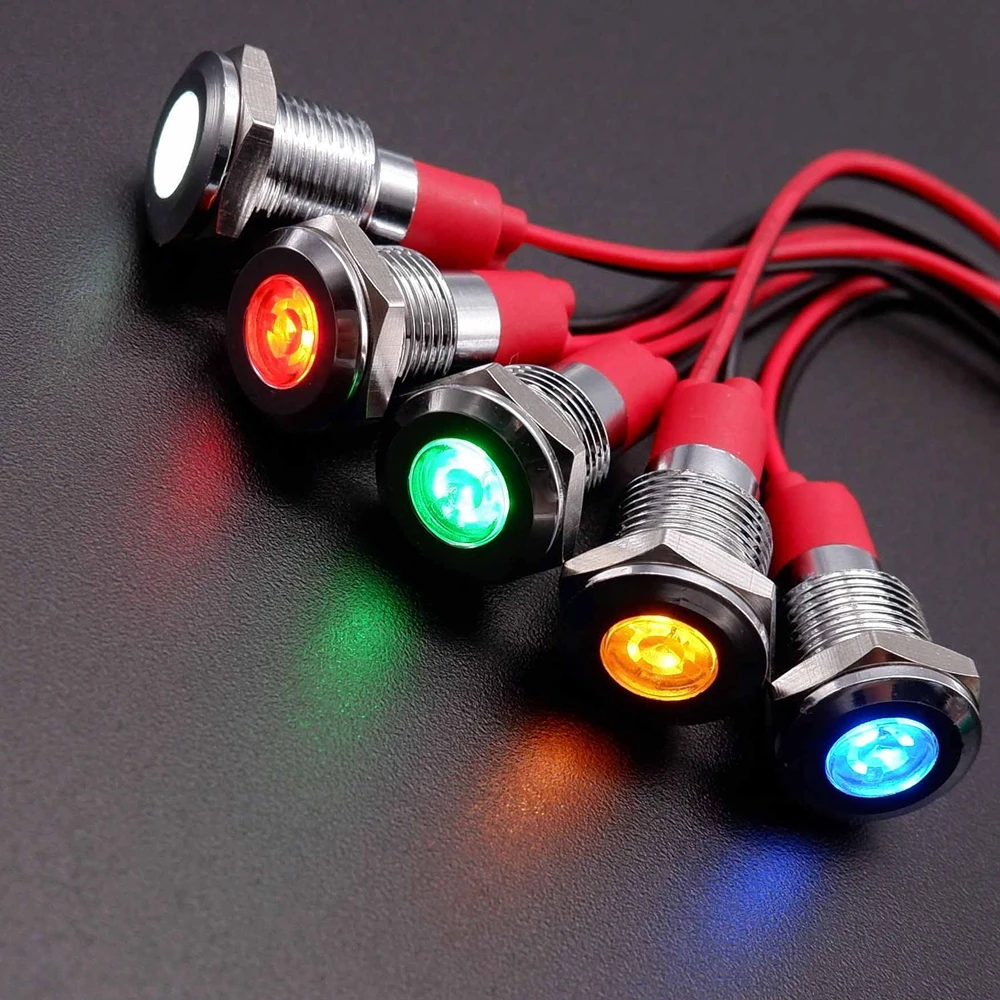 Indicatore luminoso in metallo da 10mm indicatore di alimentazione lampada di segnalazione a LED con filo 3v 6v 12v 24v 110v 220v rosso arancione verde bianco