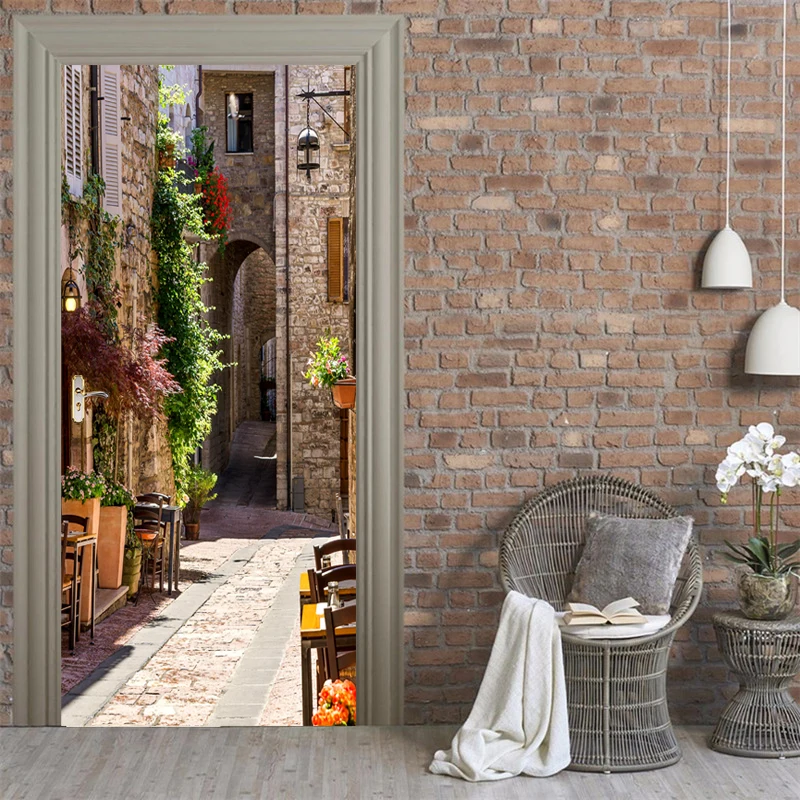 European Alley Street Scene Door Sticker Wallpaper Living Room Dining Room Self-Adhesive Waterproof Door Decor Mrural 3D Decal