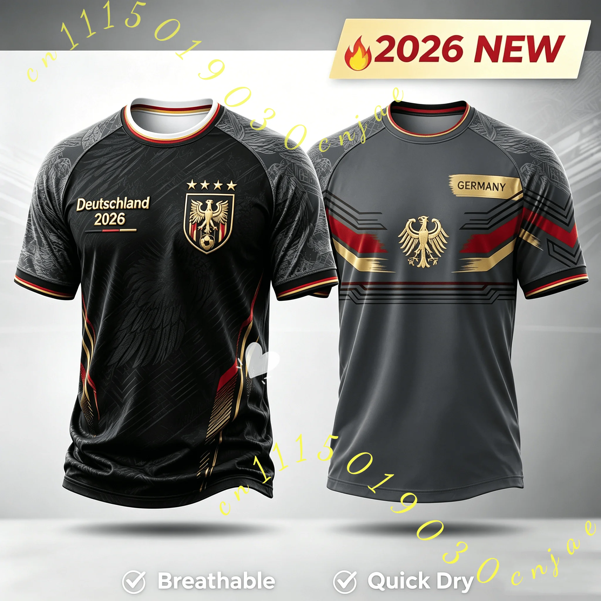 2026 Deutschland Fußballtrikot Unisex Kurzarm 3D-Druck V-Ausschnitt Fußball-T-Shirt Lässige Sport-Oberteile Familien-Kinder-Tees Atmungsaktiv