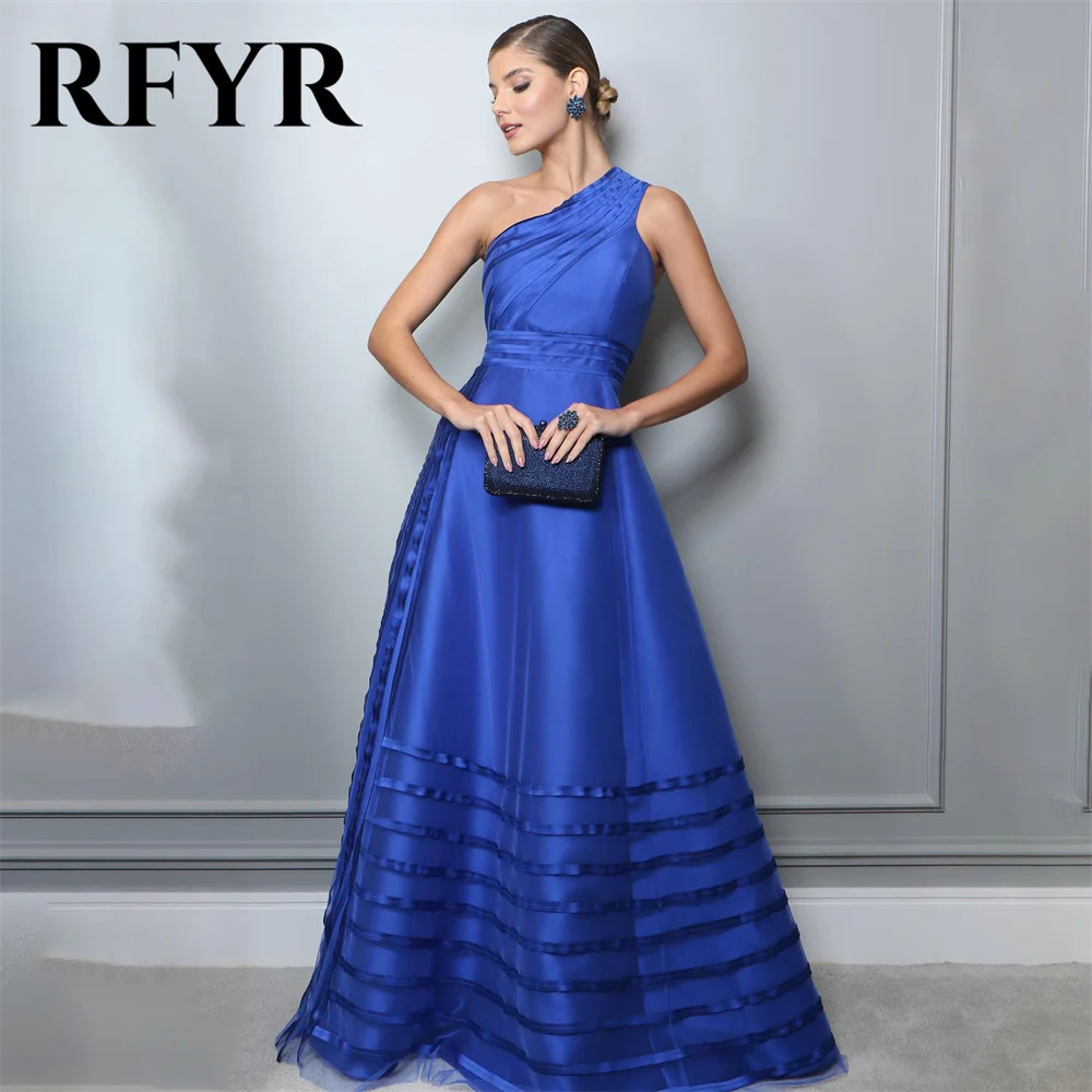 

RFYR One Shoulder Chic Woman Evening Dress Gown Royal Blue Ball Gown A Line Stain Night Dresses Gown Plus Size robes de soirée