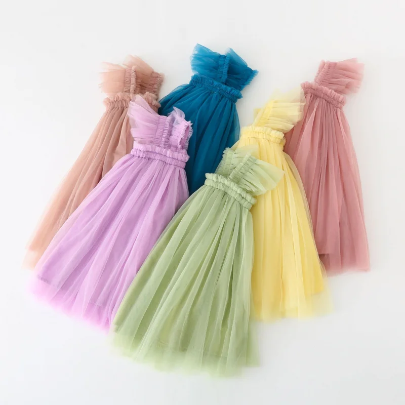 Flying Sleeves Girls Sling Mesh tutu Dress for Children's Wedding Party Clothing Princess Kids Solid Color Ball-gown Dress