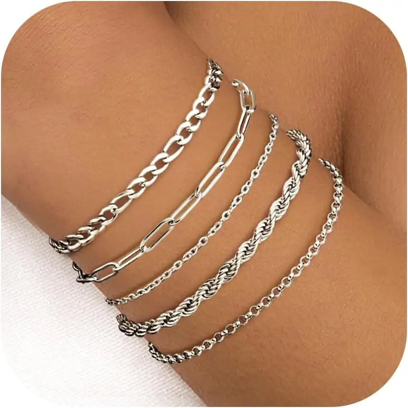 

Florideco 5 Pcs Bracelet for Women Stacking Bracelets Rope Cuban Figaro Bracelets Set Waterproof Jewellery for Women