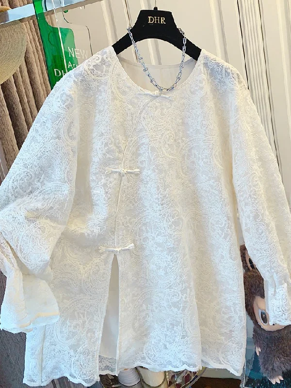 

plus Size Women's Lace Shirt Thin Sun Protection Spring Summer Chinese National Style Button Open Split Casual Long Sleeve ro...
