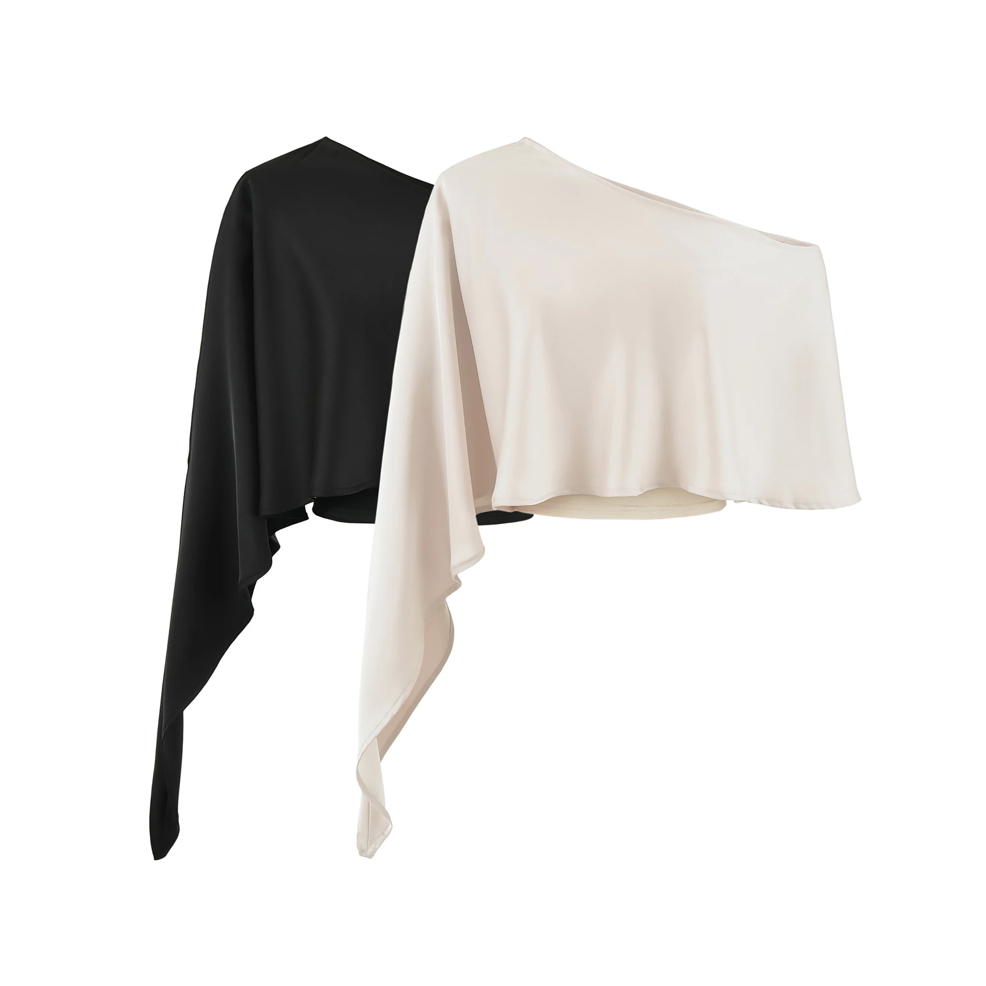 Two‑Piece Set Women Asymmetrical One‑Shoulder Draped Overlay Blouse Satin Shawl + Stretch Tube Camisole Base Tank Top