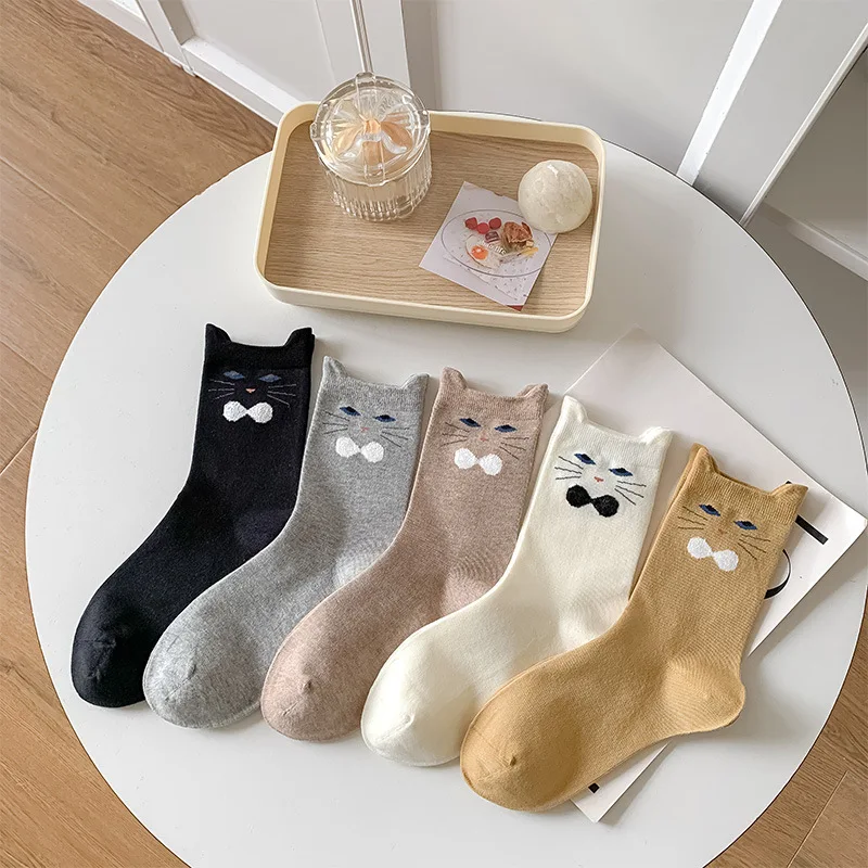

2 Pairs of Cartoon Cute Cat Mid Tube Socks Sweat Absorbing Korean Version Women's Socks Spring and Summer Women's Medium Socks