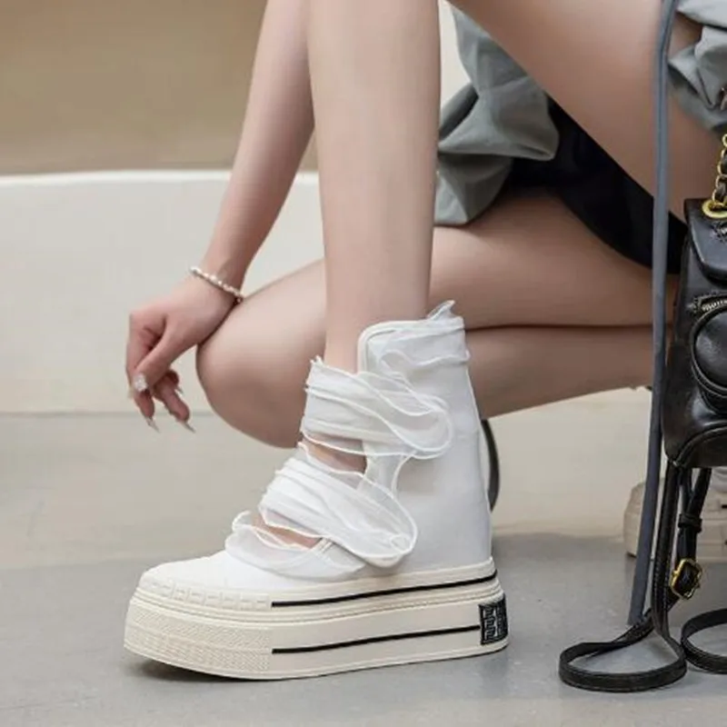 

New 12CM Platform Flat Sandals Women Cowboy Canvas Summer Boots Wedges Hook-loop Casual Shoes High Top Designer High Heels Shoes
