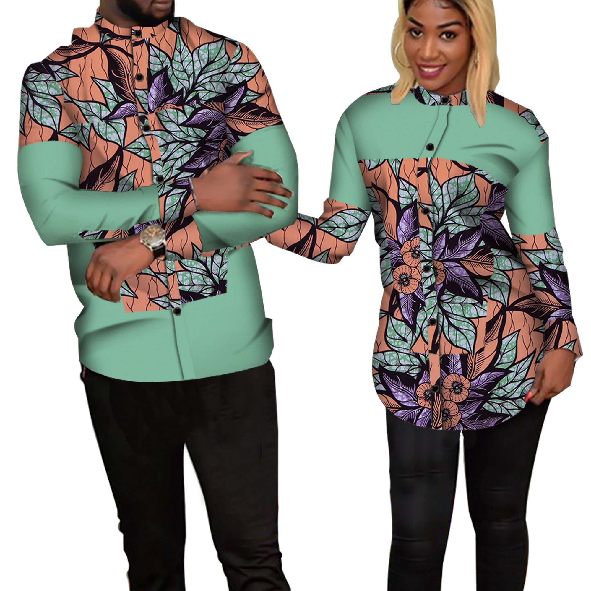 Vêtements traditionnels africains pour couples, chemise à imprimé patchwork, bazin riche, vêtements pour amoureux, femmes et hommes, WYQ235