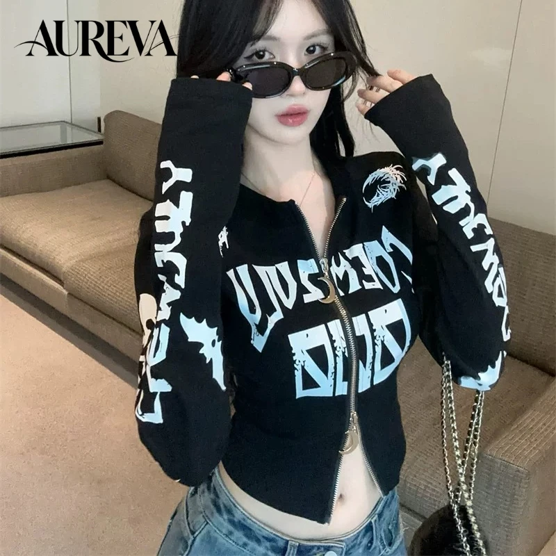 Women Y2K Gothic Print Stand Collar Zip Up Long Sleeve Cropped Jacket Spring Autumn Sweet Cool Versatile Casual Outerwear Tops