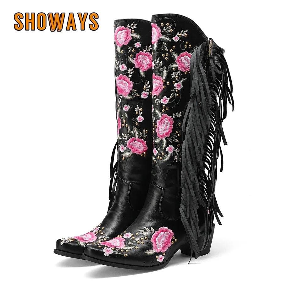 

Ковбойские сапоги до колена в стиле вестерн с кисточками, женские ковбойские сапоги на блочном каблуке, коричневые, черные, с цветочной вышивкой и бахромой, на молнии