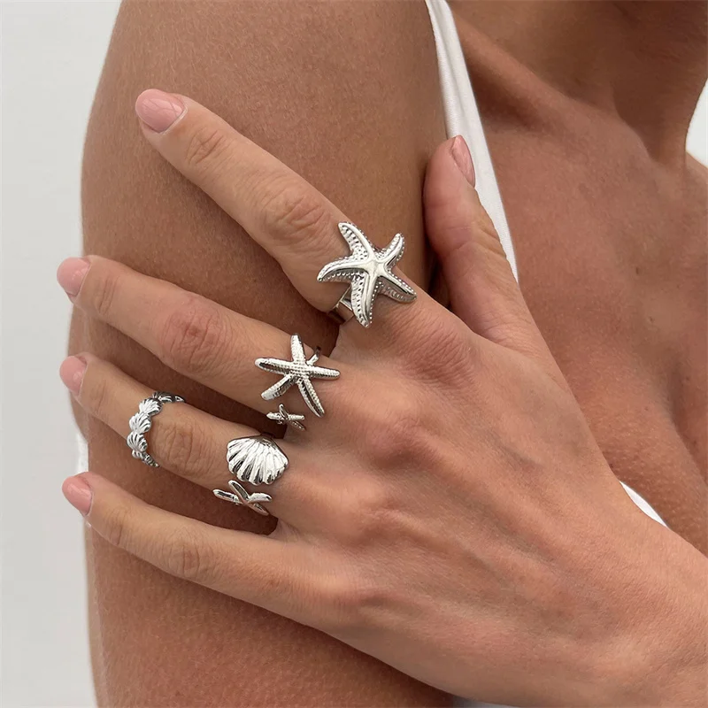 Ocean Series Metal Shell Starfish Ring Set for Women Bohemian Summer Trendy Sea Elements Opening Adjustable Finger Rings Jewelry
