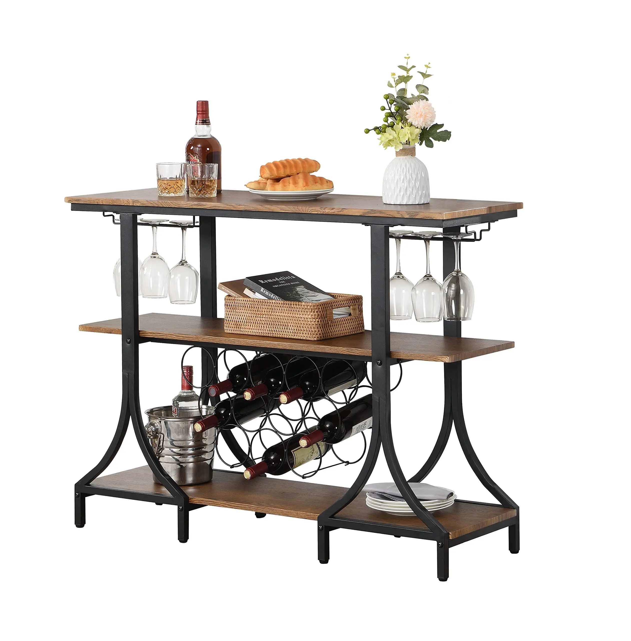 Industrial Bar Trolley, Small Farmhouse Mobile Metal Wooden Domestic Small Bar Trolley With Wine Rack And 3 Storage Shelves