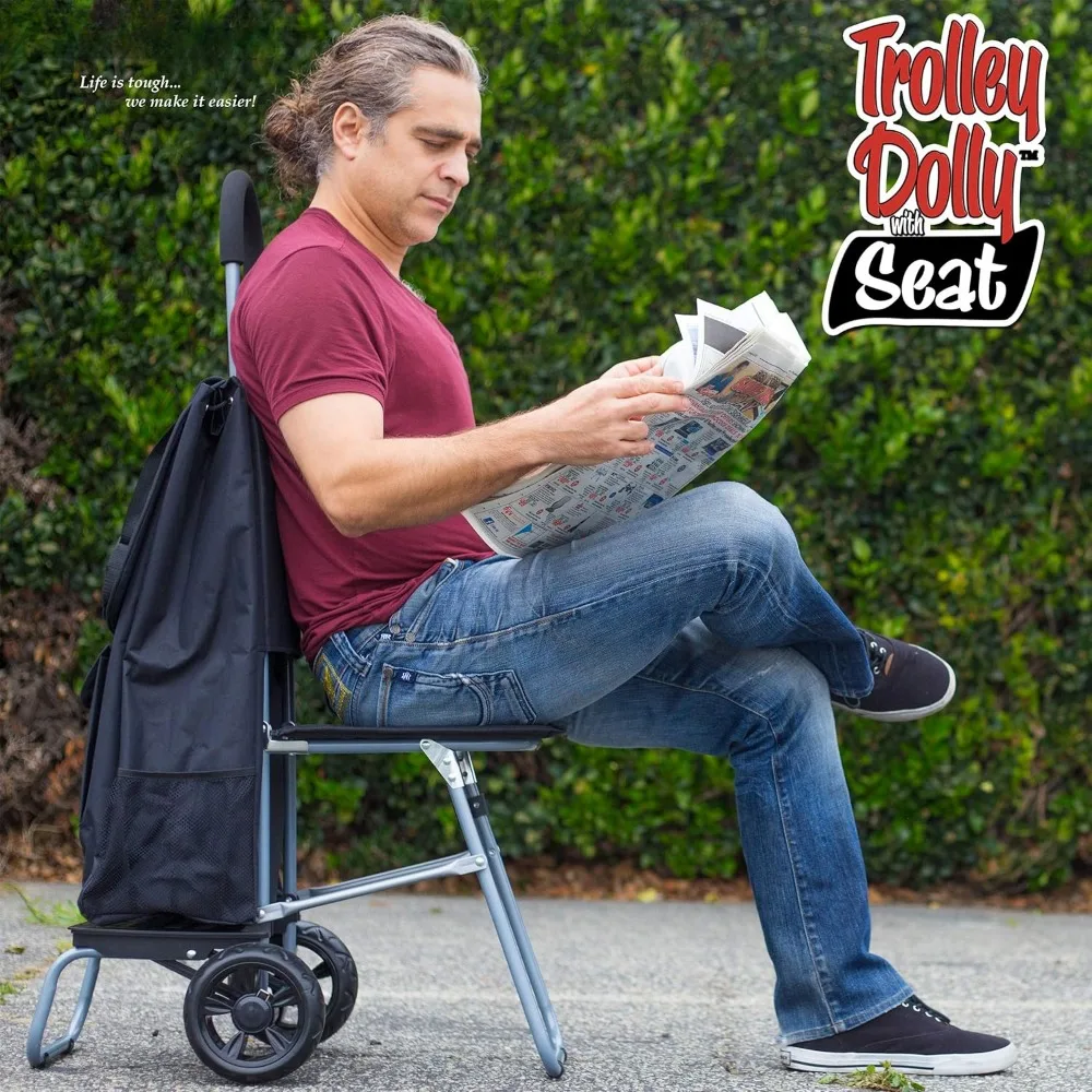 Trolley Dolly with Seat, Black Shopping Grocery Foldable Cart Tailgate