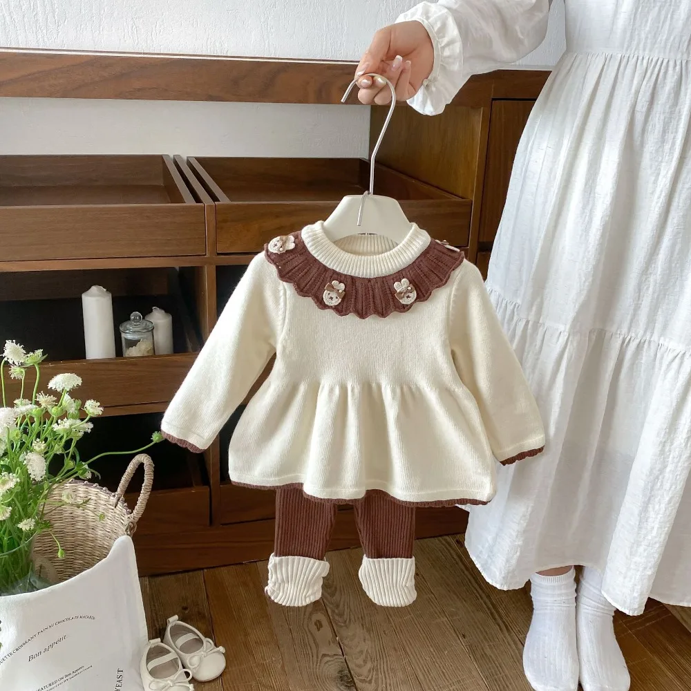 New Autumn 2 Pcs Outfit For Baby Girls, Stylish Sweet Knitted Embroidered Dress With Spliced Leggings Kids Casual Set