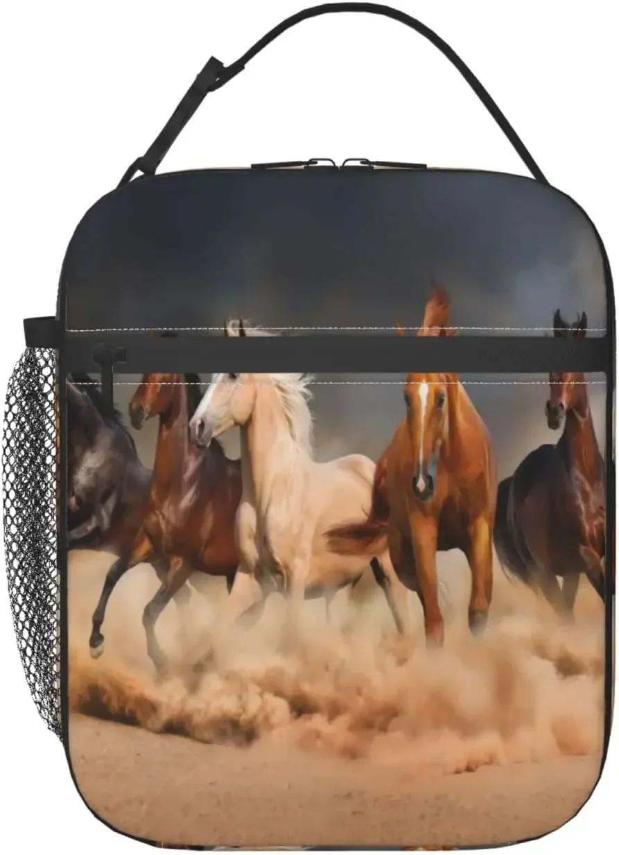 Lunch Bag Equine Themed Animals Galloping in The Sand Running Horses Pattern Reusable Lunch Box for Office School Picnic Beach