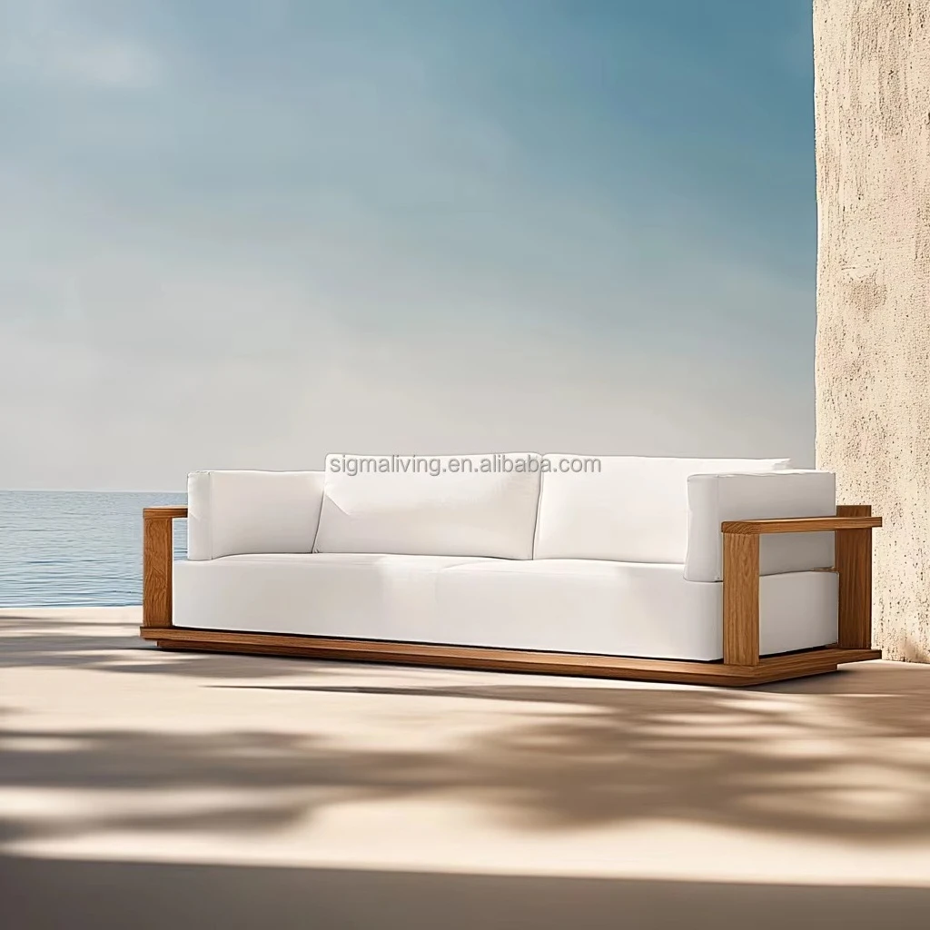 2025 Durable Luxury Courtyard Garden Outdoor Set Waterproof Fabric Sofa Wooden Frame Hotel Villa Park Hot Yard