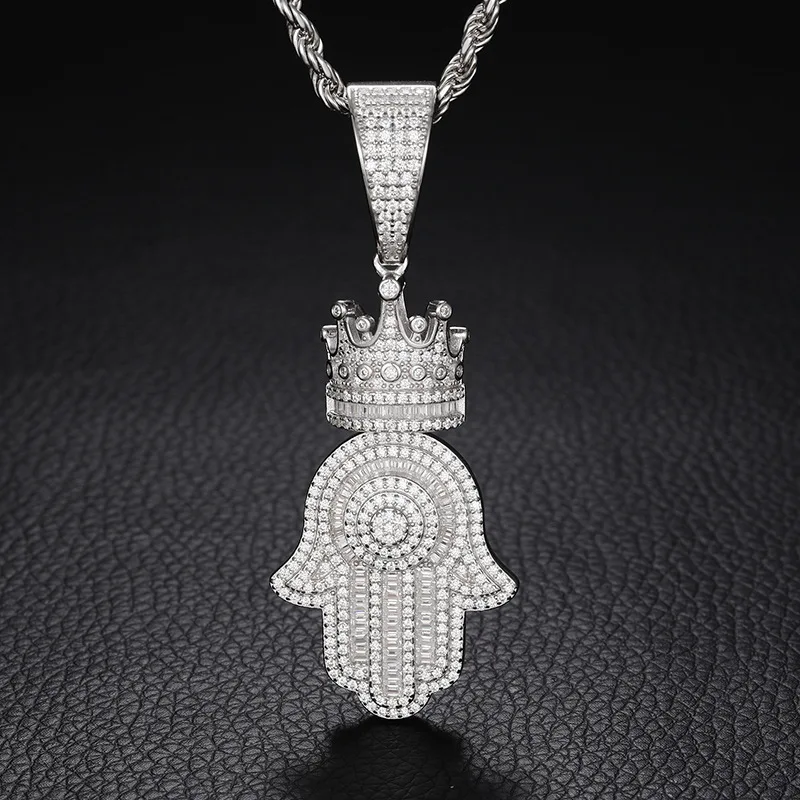 New S925 silver inlaid moissanite necklace, crown, Tima's hand pendant, trendy hip-hop accessory