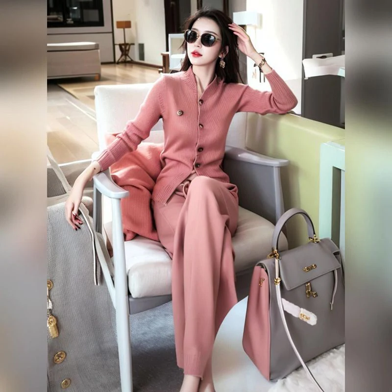 Spring Autumn Women's Loose Knitted Open Cardigan Wide Leg Pants Casual Set Two Pieces New 2025 Tea Aroma Slimming Effect