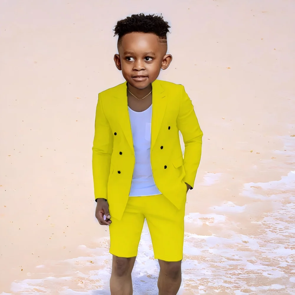 

Casual Yellow Boy Suits For Beach Wedding 2 Pieces Kids Sets Party Dress Children Tuxedos Costume Outfit (Jacket+Short Pant)
