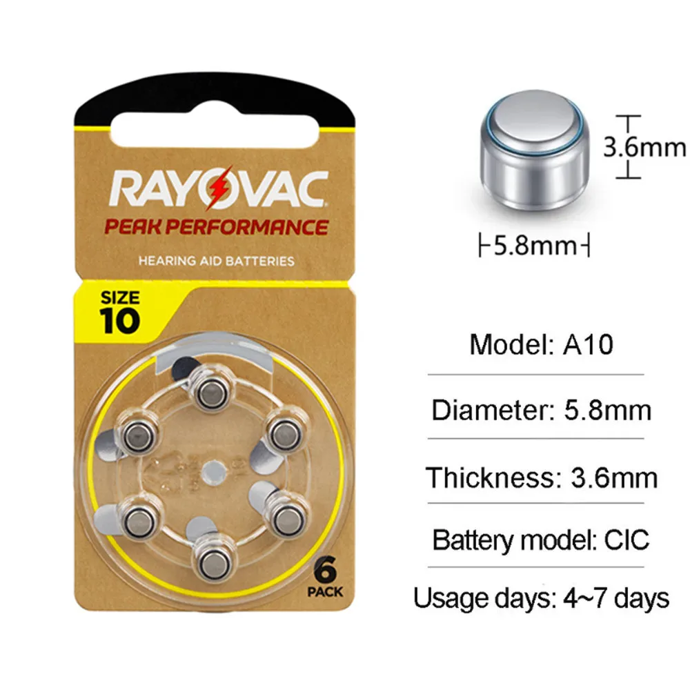 60 قطعة/صندوق Rayovac الذروة A10 الزنك بطارية الهواء 10A 10 PR70 A10 بطاريات السمع
