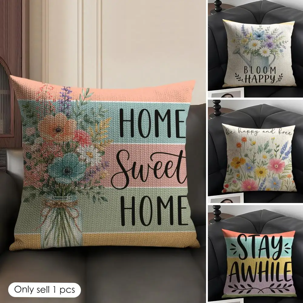 Cushion Cover Bouquet of Flowers Linen Organic Fabric Double-Sided Printing Sofa Breathable Home Decor Gift Pillow Case
