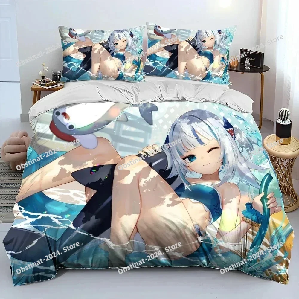 Cute Gawr Gura Hololive Anime Shark Bedding Set Printed With Pillowcase Bed Duvet Cover Soft Single Double Queen Super King Size