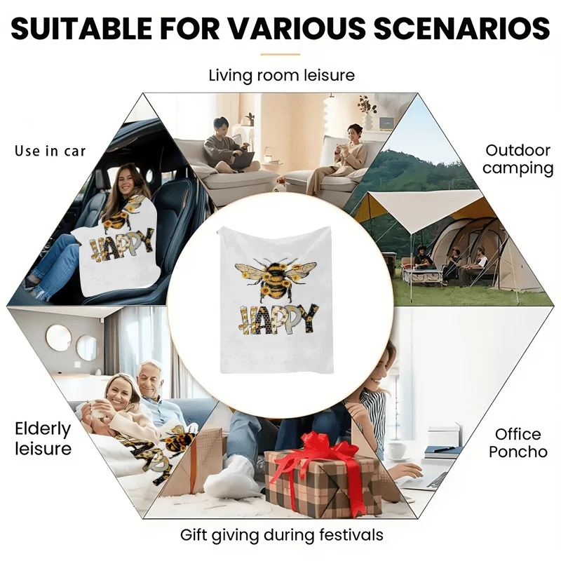 Cute Bee Happy Insect Floral Print Throw Blanket Cozy Home Decor Gift for Garden Lovers 150x200cm