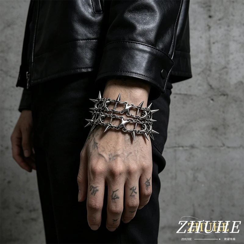 Unisex Kupferlegierung Spitze Spike-Ketten-Armband, Alternativer Rock-Schmuck, Dunkler Grunge-Stil, Größe S
