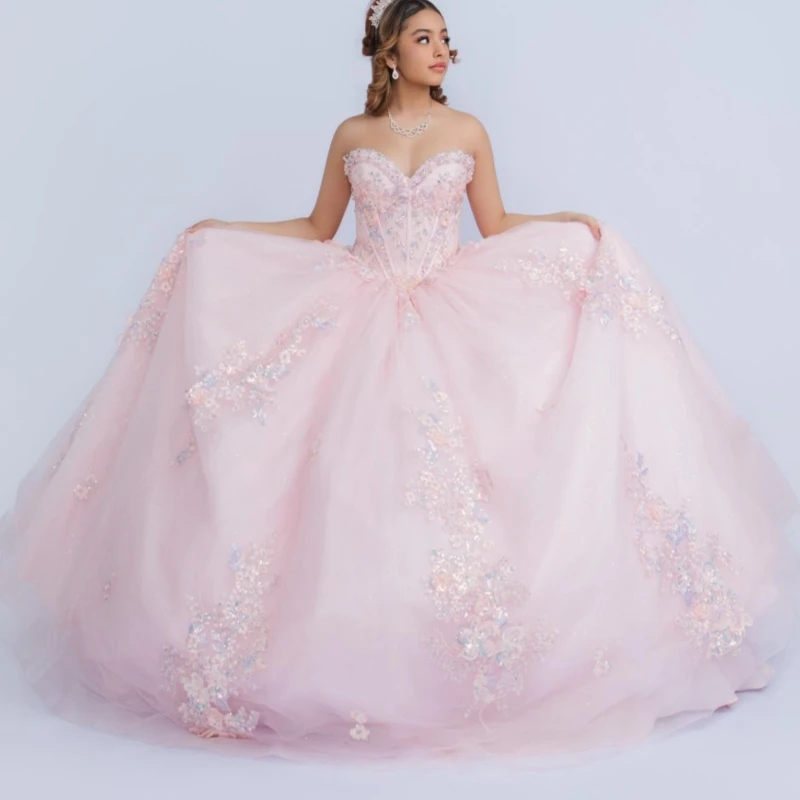 

Light Pink Shiny Ball Gown Quinceanera Dresses 2026 Applique Lace Beading Crystal Corset Tull Off Shoulder Sweet 16 Dress Vestid