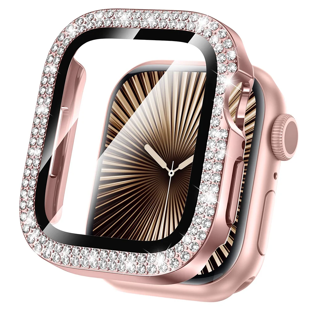Diamant-Abdeckung für Apple Watch-Gehäuse 45 mm, 41 mm, 44 mm, 40 mm, gehärtetes Glas + Bling-Stoßstangen-Displayschutzfolie, iWatch-Serie 9, 8, 7, 6, 5, 4 SE