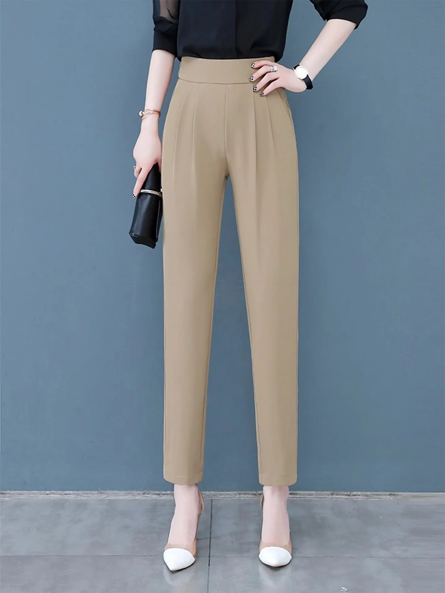 Ice Silk Harem Pants Women's Summer Thin High Waist Elastic Slimming Breathable Casual Suit Nine Point Pants Korean Style