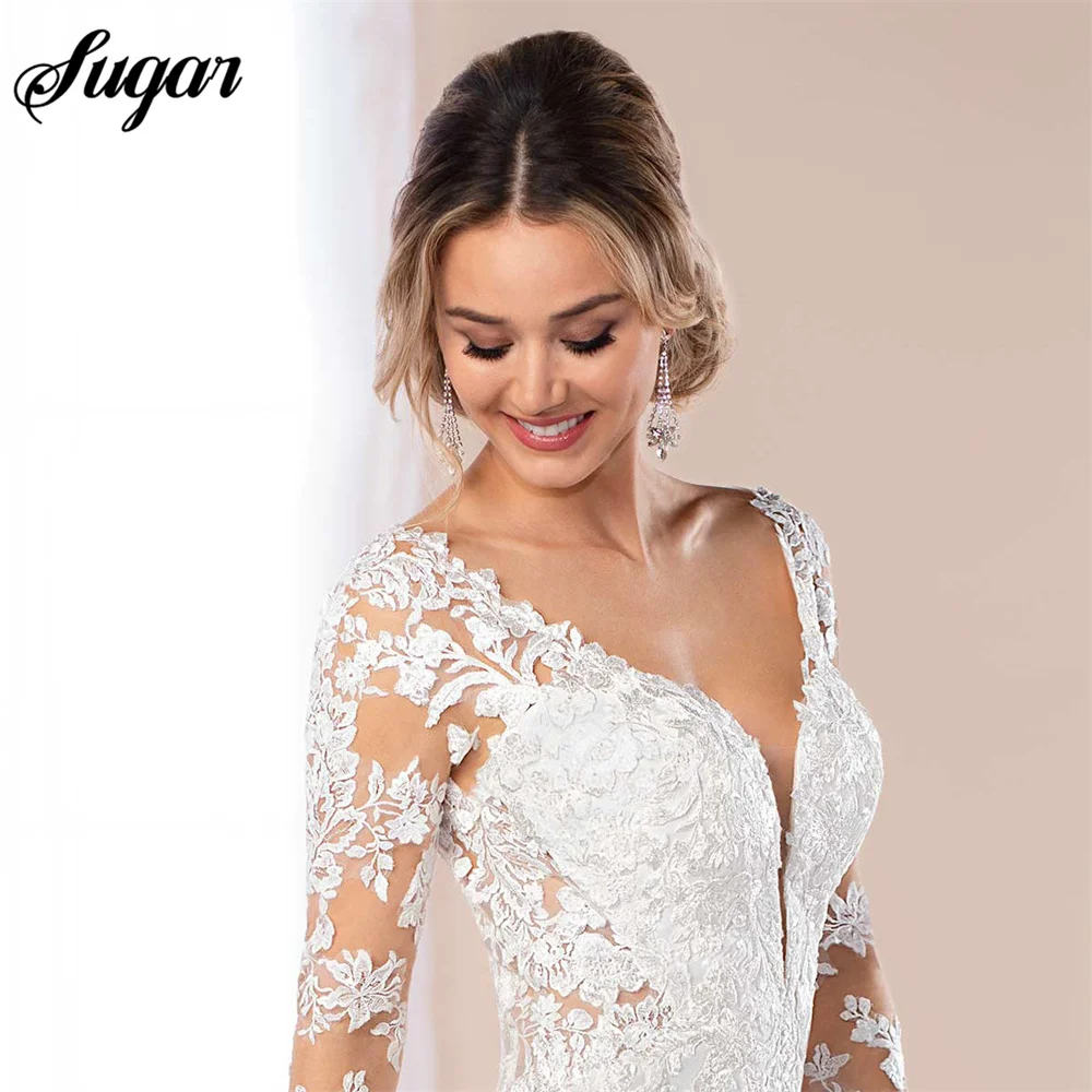 Abiti da sposa con applicazioni a maniche lunghe per la taglia della sposa abito da sposa su misura abito da sposa in pizzo con cassettiera robe de mariée