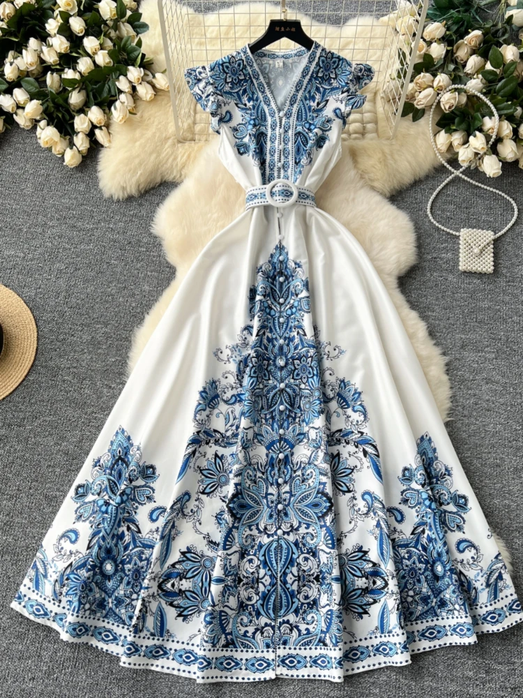 

Women Vintage Long Dress Summer Elegant Fly Sleeve Sexy V-neck Single Breasted Printed Party Dresses Ladies Retro Long Robe