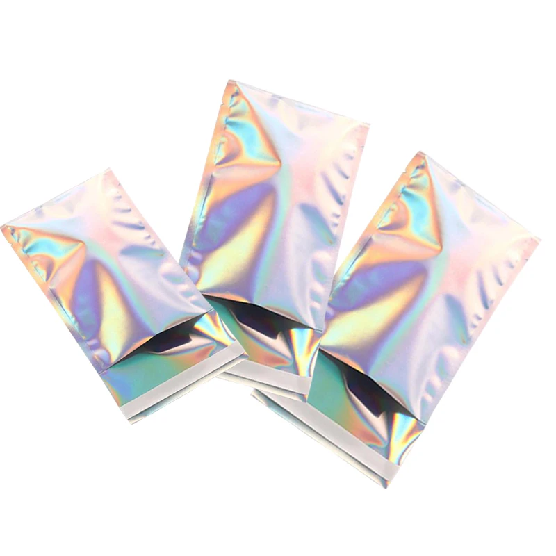 50pcs Holographic Adhesive Aluminum Foil Self Sealing Laser Pack Bag Snack Cosmetics Envelope Document Courier Storage Pouches