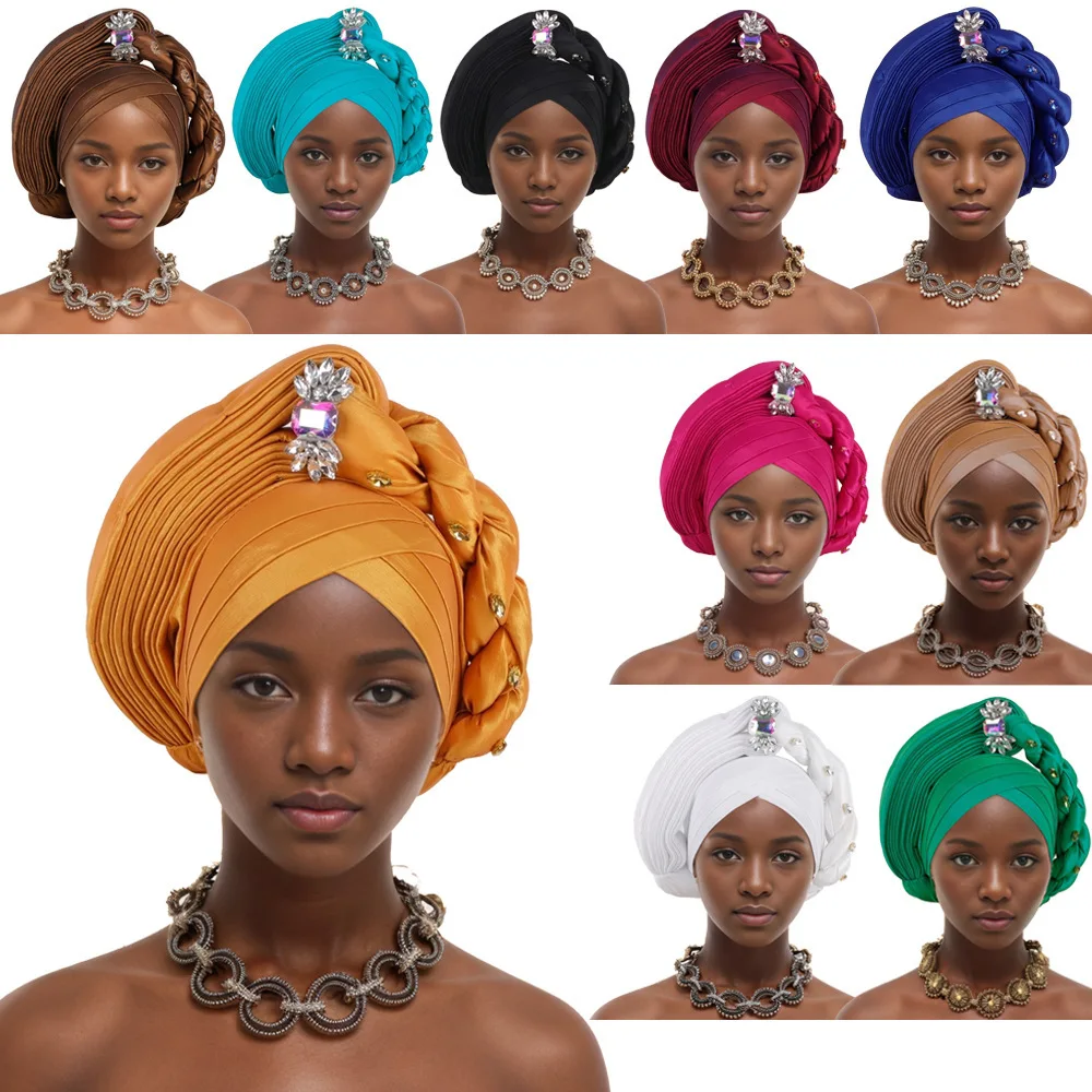 African Turban Cap for Lady Raw Silk African Auto Gele Headtie Diamonds Nigeria Geles Party Headgear Pleated Braid Head Ties