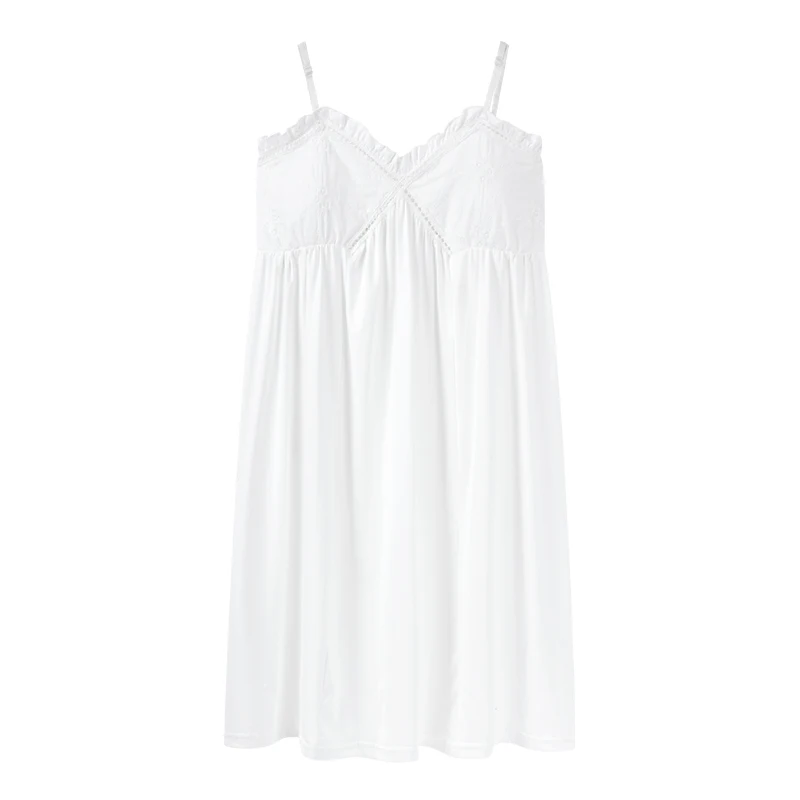 With Chest Pad Spaghetti Strap V-Neck Women Lace Nightgowns Modal Cotton Night Dress Casual Home Dress Night Shirt Sleepwear